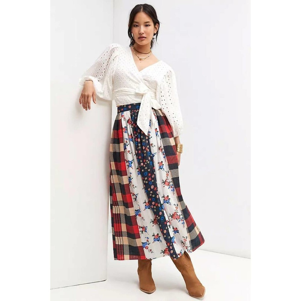 Anthropologie Floral and Plaid Midi Skirt